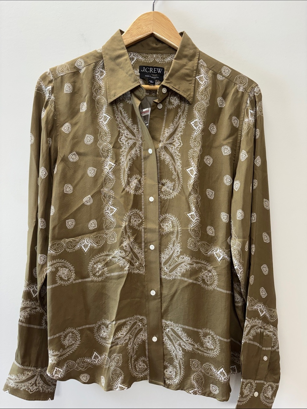 J.Crew Olive Green Button-Down Shirt with White Paisley Print